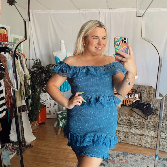 Tularosa Dresses & Skirts - Tularosa Teri Off The Shoulder Smocked Ruffle Mini Dress Blue Size XL